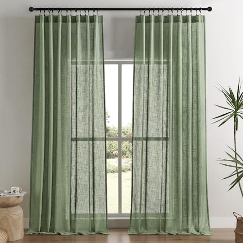 Joydeco Olive Green Linen Curtains for Living Room 108 Inch Length 2 Panels Set,Semi-Sheer Curtains Pinch Pleated Long Window Treatments Drapes(W52 x L108 Inch, Loden) | Amazon (CA)