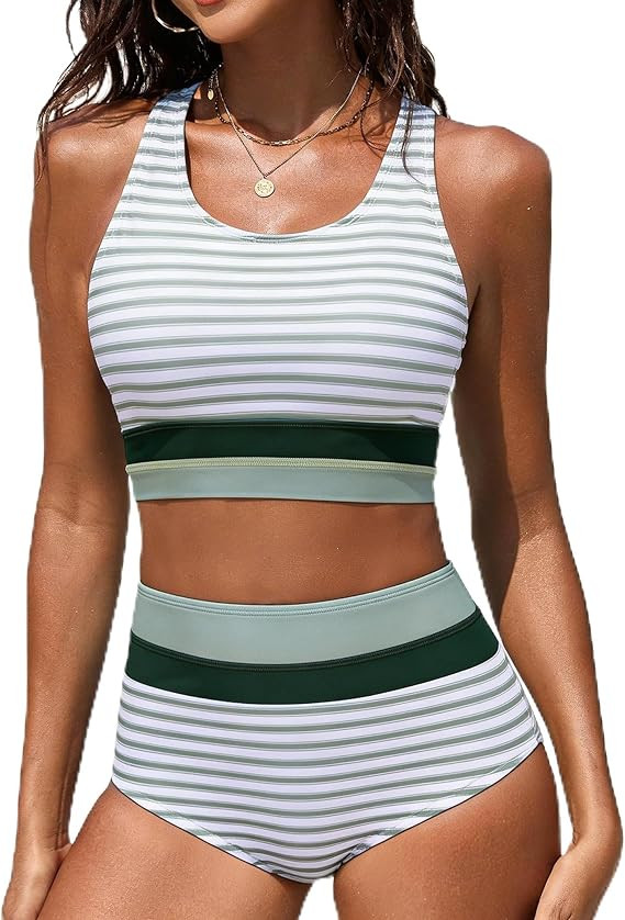 Women's High Waisted Bikini Sets Two Piece Swimsuit Color Block Sporty Athletic Moderate Coverage... | Amazon (US)