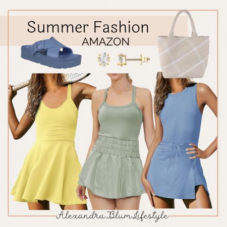 Cute athletic dresses from Amazon fun summer colors, blue sandals, diamond earrings, and a woven tote bag! Casual outfits! Amazon finds! Hiking outfits! 

#LTKMidsize #LTKOver40 #LTKActive