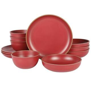 Rockabye 12-Pcs Double Bowl Malemine Dinnerware Set Service of 4 in Red | The Home Depot