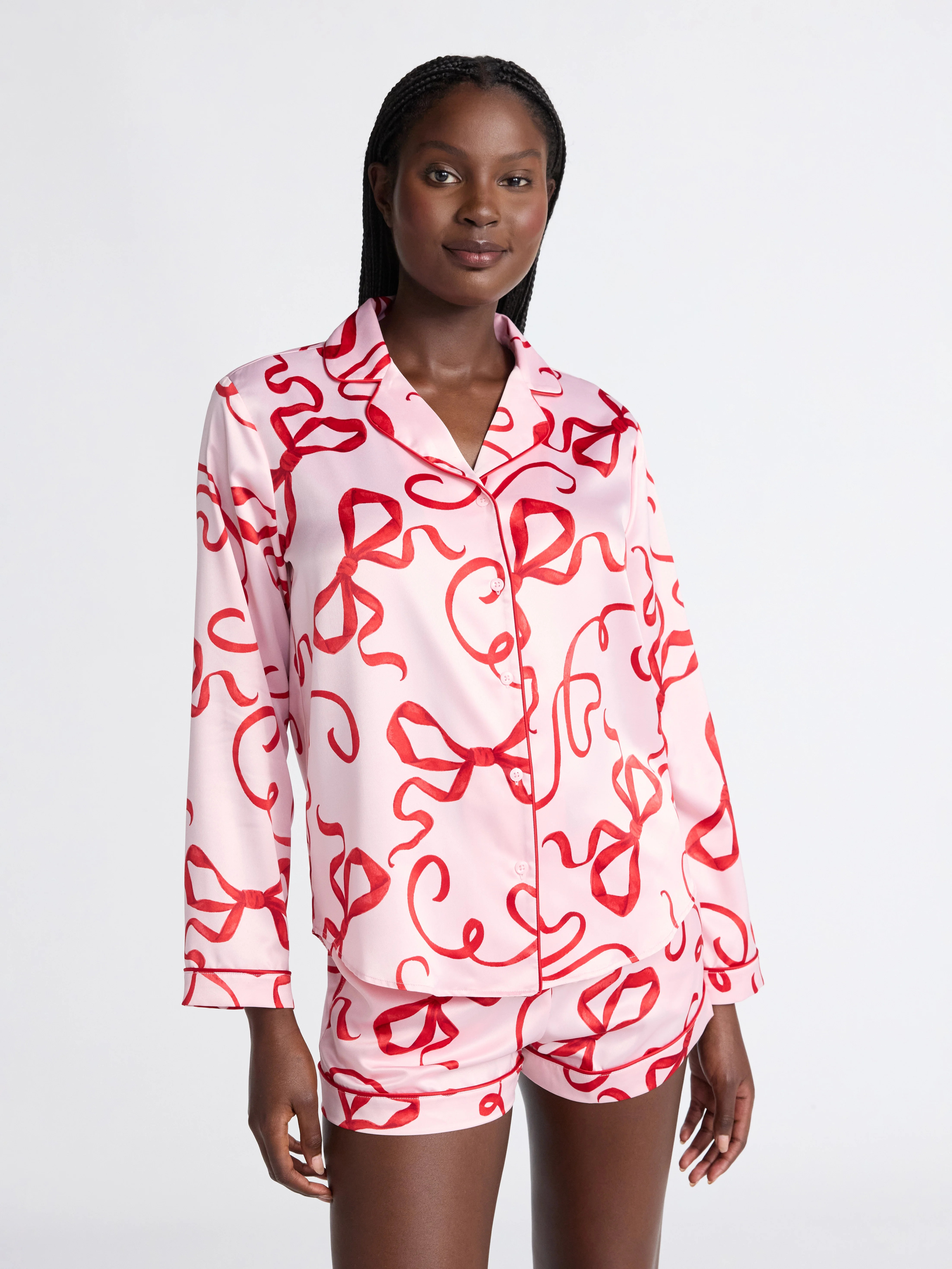 Joyspun Women’s Stretch Satin Notch Long Sleeve Top and Shorts Pajama Set, 2-Piece, Sizes XS-3X... | Walmart (US)