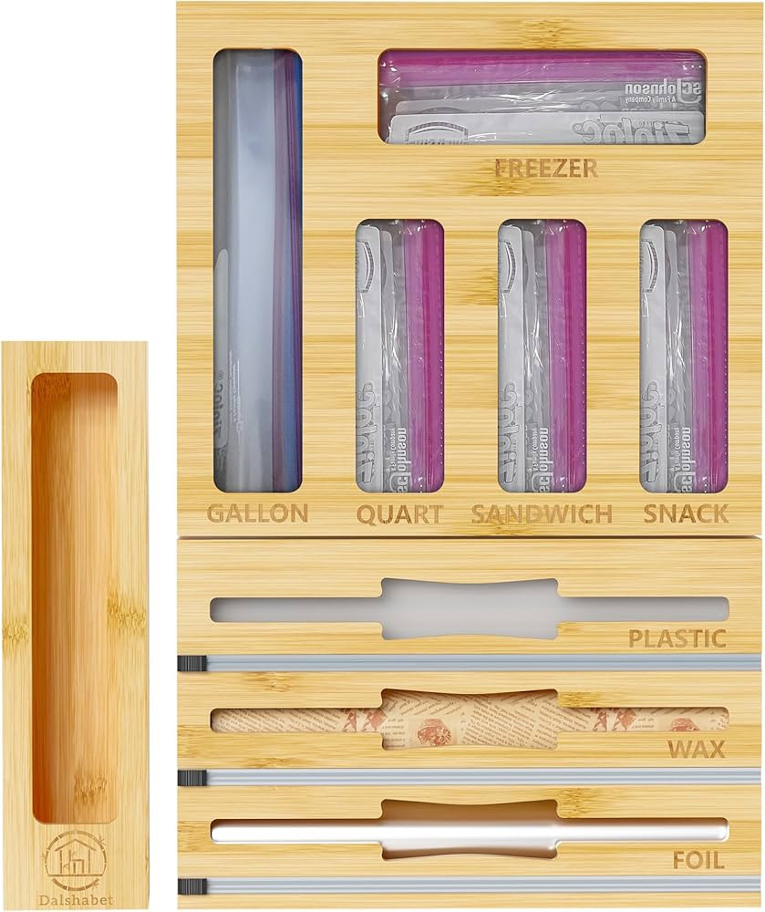 DALSHABET 9 IN1 Bamboo Storage Bag Drawer Organizer with Cutter, Foil and Plastic Wrap Dispenser ... | Amazon (US)