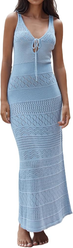 Women Crochet Maxi Dress Spaghetti Strap Knit Cut Out Bodycon Long Dress Backless See Through Bea... | Amazon (US)
