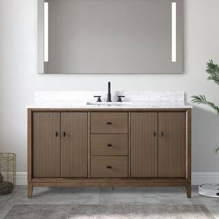 60 in. W x 22 in. D Single Sink Freestanding Walnut Bath Vanity Cabinet with White Engineered Marble Top | The Home Depot