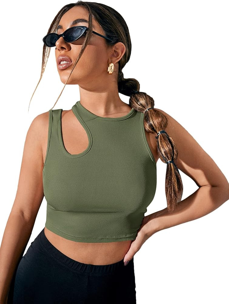 Verdusa Women's Cut Out Sleeveless Round Neck Slim Fitted Ribbed Tank Crop Top | Amazon (US)