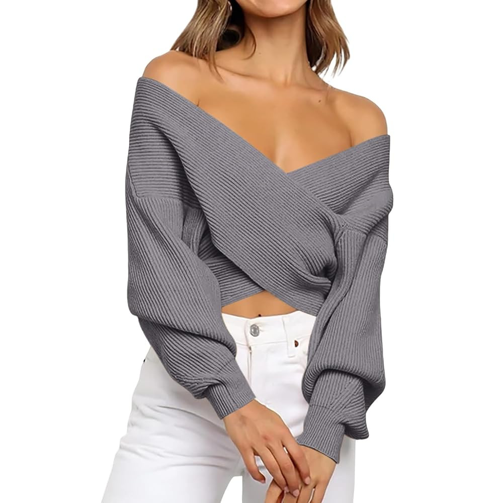 Off The Shoulder Sweater for Women Winter Fall V Neck Criss Cross Wrap Long Sleeve Knit Tops Ribb... | Amazon (US)