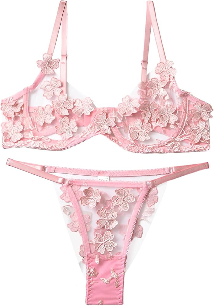 Lilosy Sexy Applique Floral Mesh Sheer Underwire Lingerie Set 2 Piece | Amazon (US)
