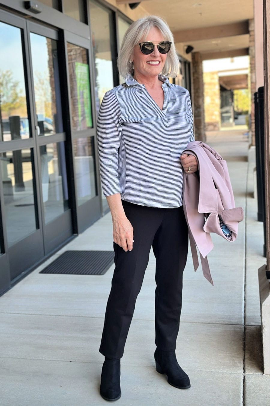 Effortless Style That Works All Day 

This look is all about easy sophistication. A crisp striped top and tailored black pants make the perfect pair for anything from errands to lunch with friends. I threw a soft blush trench over my arm for a pop of spring color and added suede ankle boots to keep it elevated but comfortable.


#Fashionover50 #LTKOver50Style #fashion #outfitinspiration #outfit #springoutfit #springfashion #springstyle #LTKSpringStyle #EffortlessChic #ClassicCasual #ClassicStyle #LTKfashion #EverydayOutfits #AgelessStyle #OOTD #LTKsummer #linenlove #easyoutfits #LTKWorkwear

#LTKWorkwear #LTKStyleTip #LTKOver40
