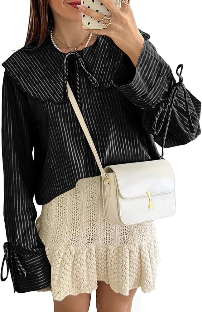 Tankaneo Womens Peter Pan Collar Shirts Long Bell Sleeve Tie Front Tops Vertical Striped Button D... | Amazon (US)