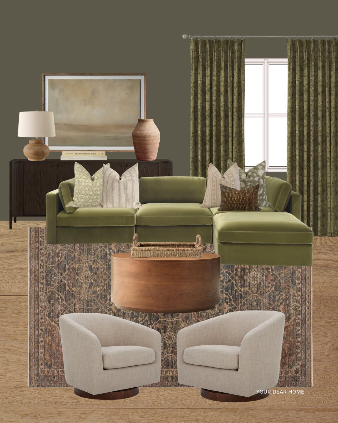 Moody media room look with an olive green sectional, earthy patterned rug, warm wood tones, and soft neutral chairs. This one feels rich, cozy, and perfect for an informal living room or TV space. 

 #LTKHome