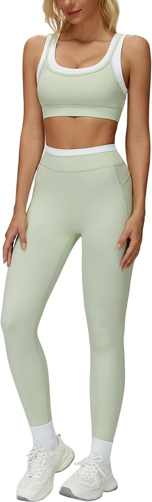 Women 2 Piece Workout U Back Color Block Sports Bra High Waist Active Leggings Yoga Pilates Outfi... | Amazon (US)