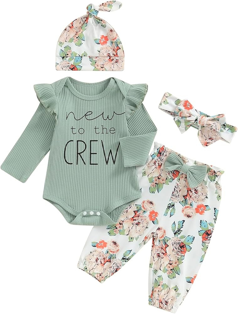 wybzd New To The Crew Baby Girl Outfit Newborn Coming Home From Hospital Outfits Ribbed Romper Bo... | Amazon (US)