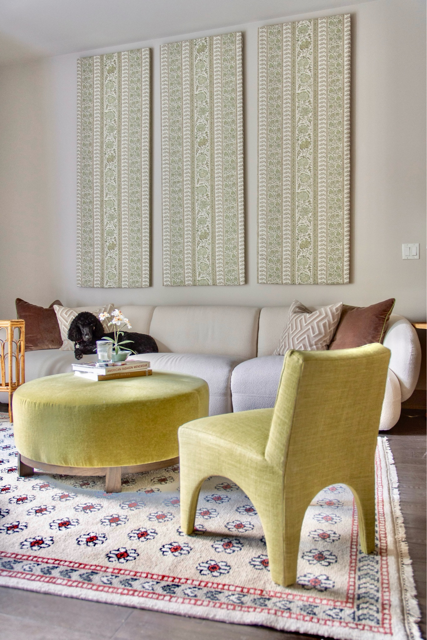 Olive green living room decor, classic living room design, small space decor tips, custom upholstery, green mohair velvet round upholstered ottoman, mini living room chair, seating arrangement, interior design tips with Coley Home

#LTKHome #LTKStyleTip