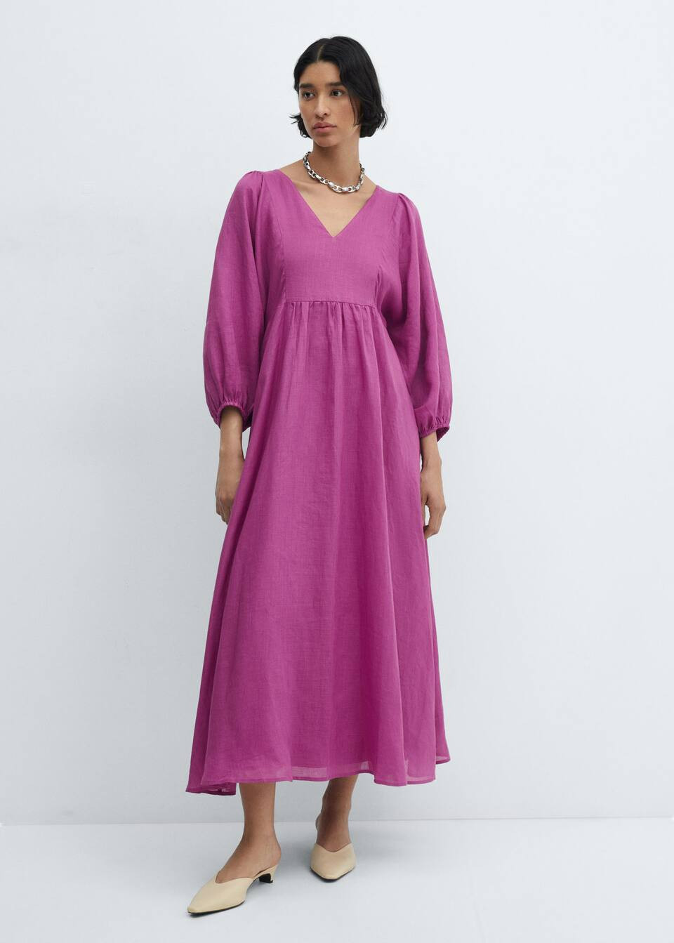 Ramie puff sleeve dress -  Women | Mango USA | MANGO (US)