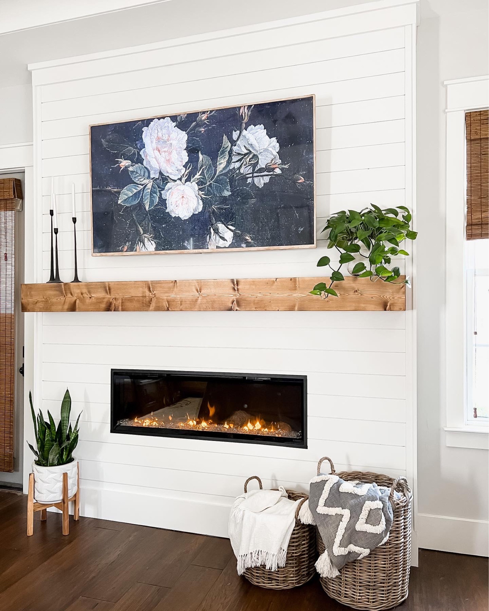 Fireplace and mantle decor. Baskets blankets tv electric fireplace modern farmhouse classic bedroom

#LTKunder100 #LTKSeasonal #LTKhome
