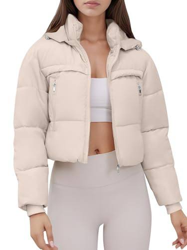 Ogfao Women's Cropped Puffer Jacket Hooded Warm Padded Winter Outerwear Coat with Pockets Beige M | Amazon (US)