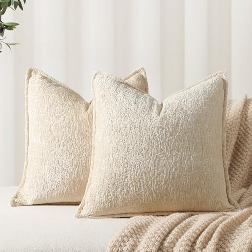 DEZENE Pack of 2 Beige Decorative Throw Pillow Covers 20x20 Cozy Soft Chenille Boho Accent Vintage Farmhouse Square Couch Pillow Covers for Home Decor Bed Sofa Living Room | Amazon (US)