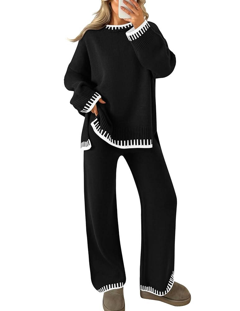 ZESICA Womens Casual 2 Piece Outfits Sweater Sets Long Sleeve Pullover Tops Wide Leg Pants Lounge... | Amazon (US)