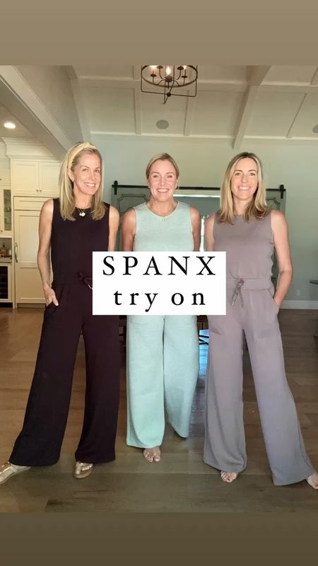 Spanx Try On and holy moly hard not to love it all! 

Wide Leg Jumpsuit 🙌🏼 
We loved this. Great for everyday and travel. Runs tts. Gretchen (left) in a small. Allison (middle) in a medium. Laura (right) in a small. 

Swimsuits 💪🏼
A pretty pique fabric and does what Spanx does best which is suck you in! Suits are true to size but Gretchen and Allison always size up one in a suit. Gretchen (left) in a medium top and bottom. Allison (middle) in a large. Laura (right) in a small top and bottom. 

Activewear 🏋️‍♂️
We each locked a different piece and loved! The tennis dress was lovely and has a built in shelf bra as well as bike shorts with a ball or cell phone pocket. There is a vent in the back that allows you to slip the shorts off for easy restroom access without having to pull the whole top down 👏🏻  activewear all tts. 
Gretchen in a small, Allison in a medium and Laura in a small in the dress. 

#LTKSeasonal #LTKActive #LTKVideo