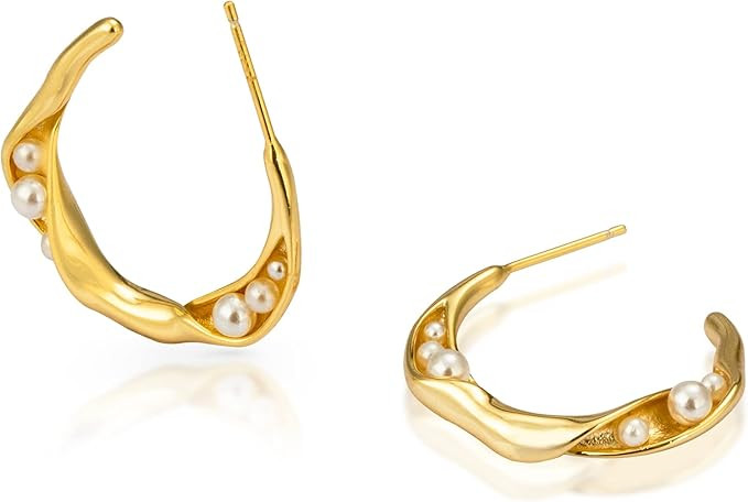 N9NEMUSES 14K Gold Plated Sterling Silver Twisted Channel Set Freshwater Cultured Pearl Hoop Earr... | Amazon (US)