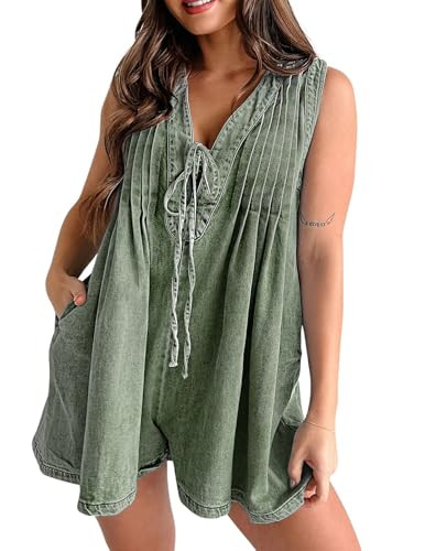 CHARTOU Women Summer Denim Overalls Shorts Romper Jean Jumpsuit Sleeveless Shortalls Flowy Ruffle Romper Pockets (Small,Green) | Amazon (US)