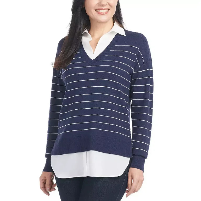 Hilary Radley Women's 2-Fer Sweater (Blue & Off-White Stripe, Small) | Walmart (US)