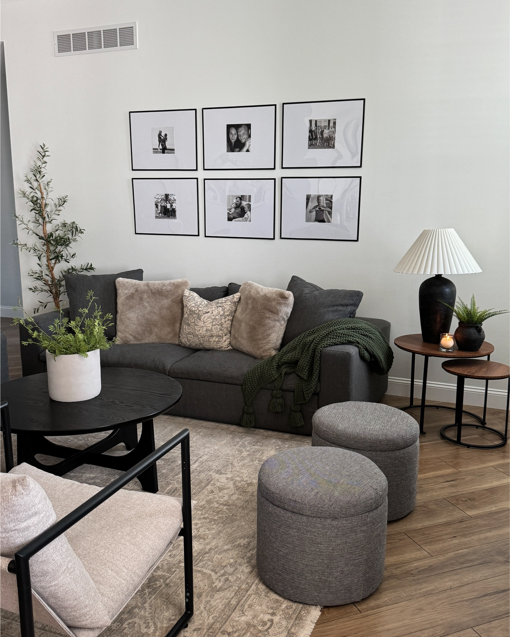 Neutral Summer livingroom, dark couch in white livingroom, nesting side tables, modern organic decor, black and white photo gallery, livingroom decor, ottoman 

#LTKsalealert #LTKhome #LTKfindsunder100