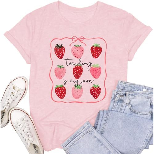 Teacher Shirts for Women Strawberry Teacher Tshirts Teaching is My Jam Tee Tops Strawberry Lover ... | Amazon (US)