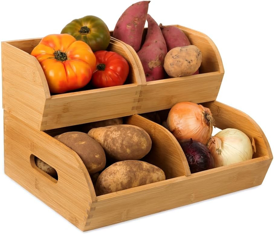 Potato and Onion Storage Bin for Pantry and Kitchen Counter - Ventilated Stackable Bamboo Organiz... | Amazon (US)