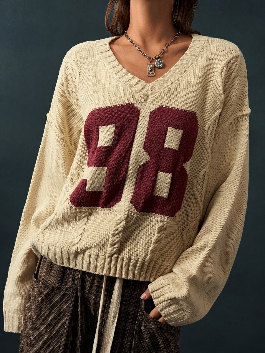 Bohemela Women's Casual Preppy Digital Pattern Sweater, Autumn/Winter School Beige | SHEIN