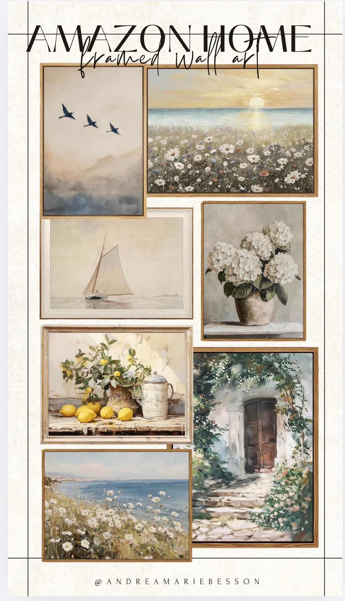 Coastal wall art, neutral home decor, vintage inspired artwork, framed gallery wall, Amazon home finds, soft aesthetic decor, modern organic style, beach cottage vibes, European coastal aesthetic, neutral color palette, warm tones, beige and cream decor, nature inspired art, landscape paintings, floral artwork, hydrangea print, ocean sunset art, sailboat painting, lemon still life, rustic elegance, serene home styling, calming decor, minimalist gallery wall, curated wall art, timeless home decor, coastal grandmother aesthetic, romantic vintage art, cottagecore wall decor, Charleston style home, airy light filled interiors, earthy tones, soft blues and greens, sophisticated cozy home, affordable wall art finds