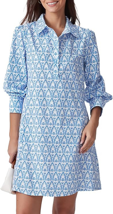 D-Sun Statement Holiday Dress Women Wedding Guest Dress Long Sleeve Blue Floral Mini Shirt Dresse... | Amazon (US)