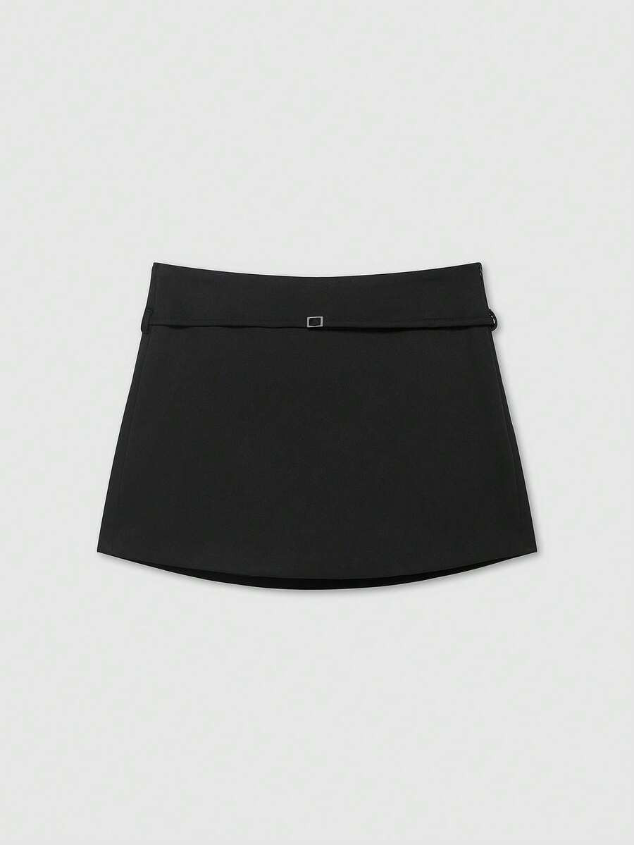 Women's Casual Everyday Office Commute Minimalist Solid Color Buckle Belted Skort Black Summer | SHEIN