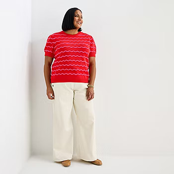 St. John's Bay Plus Womens Crew Neck Short Sleeve Striped Pullover Sweater | JCPenney