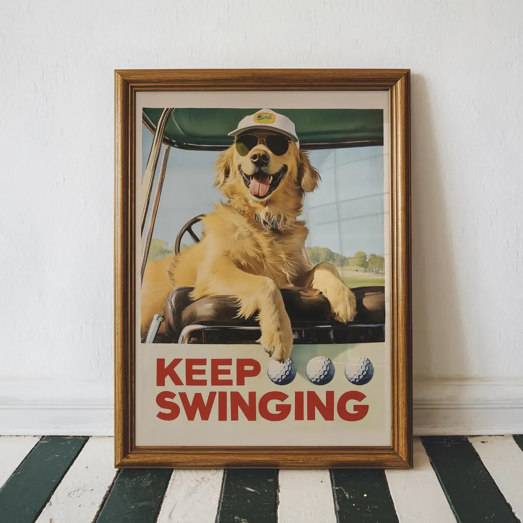 Funny Golden Retriever Art, Vintage Aesthetic Dog Golf Art Print, Golf Wall Art, Dog Playing Golf... | Etsy (US)