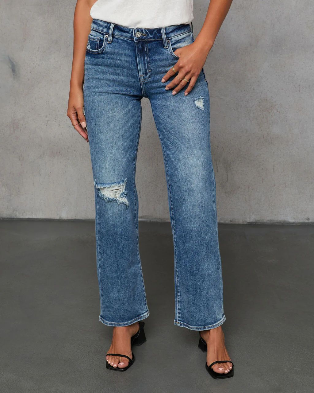 Ayda Distressed Mid Rise Straight Leg Jeans | VICI Collection