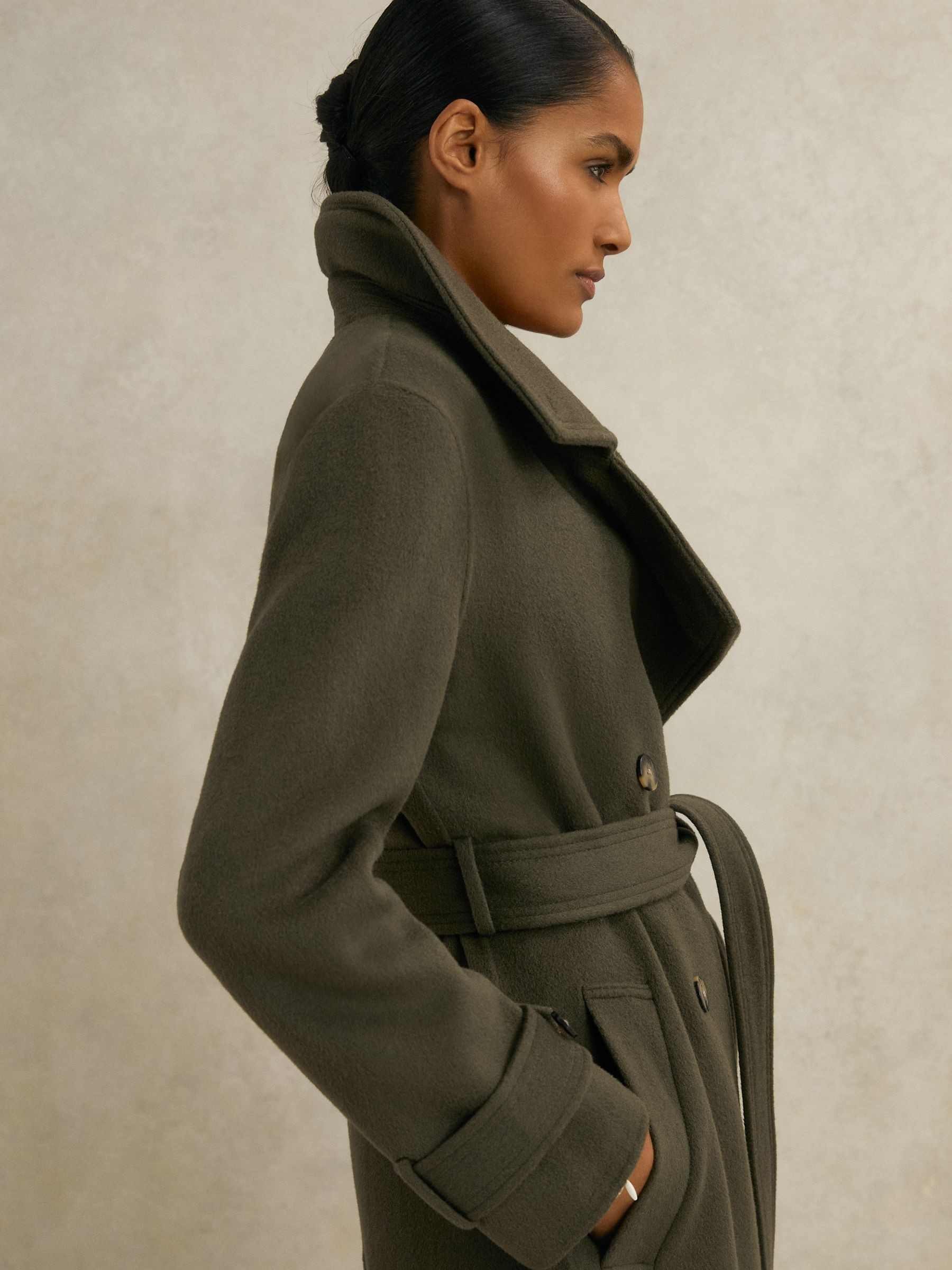 Reiss Atelier Wool Belted Blindseam Coat in Khaki | REISS | Reiss US