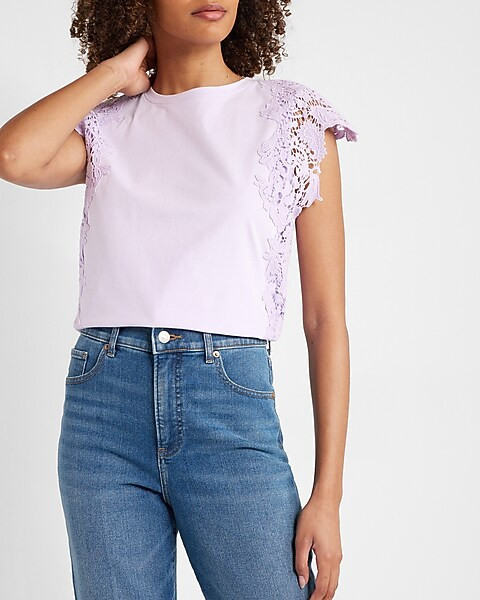 Short Sleeve Lace Trim Tee | Express
