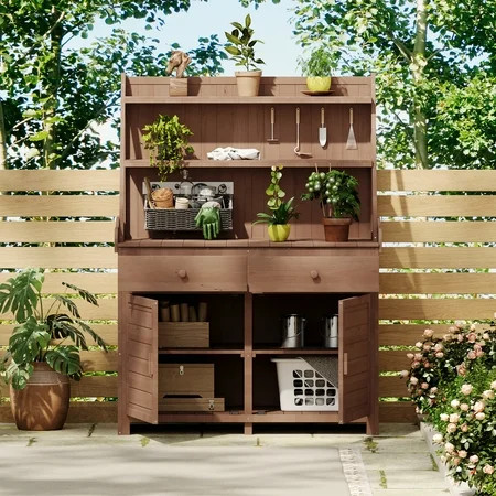 Euroco 65" Wooden Garden Potting Bench with Shelves, Drawers, and Cabinet Storage，Brown | Walmart (US)