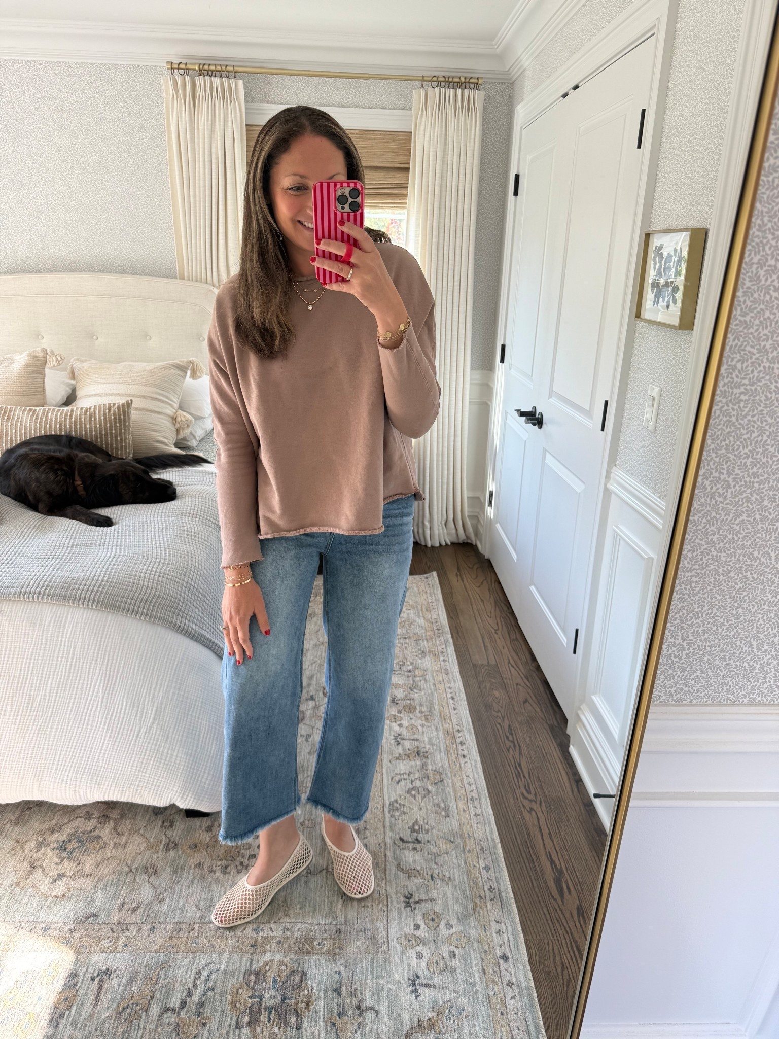 Easy WFH OOTD! Been loving these jeans with the raw hem and this lightweight terry sweatshirt is so comfortable and surprisingly flattering! Paired with my target ballet flats and a fun necklace stack! 

#LTKdayinmylife #LTKHome #LTKootd