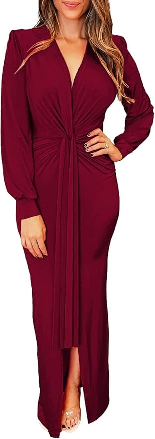 PRETTYGARDEN Women's Long Sleeve Maxi Bodycon Dresses V Neck Twist Front Ruched Cocktail Evening ... | Amazon (US)