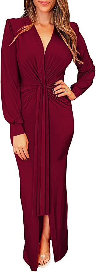 PRETTYGARDEN Women's Long Sleeve Maxi Bodycon Dresses V Neck Twist Front Ruched Cocktail Evening ... | Amazon (US)