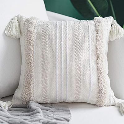 ToGeeKa Boho Woven Tufted Decorative Throw Pillow Covers, Soft Warm Cotton Woven Square Cushion C... | Amazon (US)