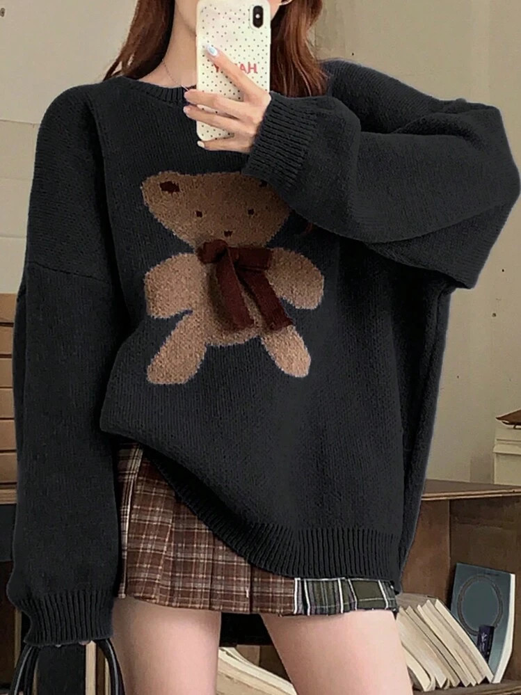 DAZY 1pc Women's Casual Oversized Crew Neck Long Sleeve Cartoon Bear Sweater, Autumn/Winter,Long ... | SHEIN