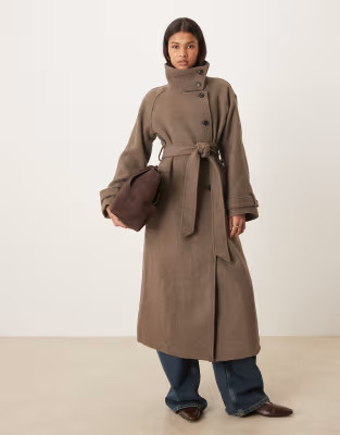 Gina Tricot wool belted midaxi coat with funnel neck detail in taupe grey | ASOS (Global)