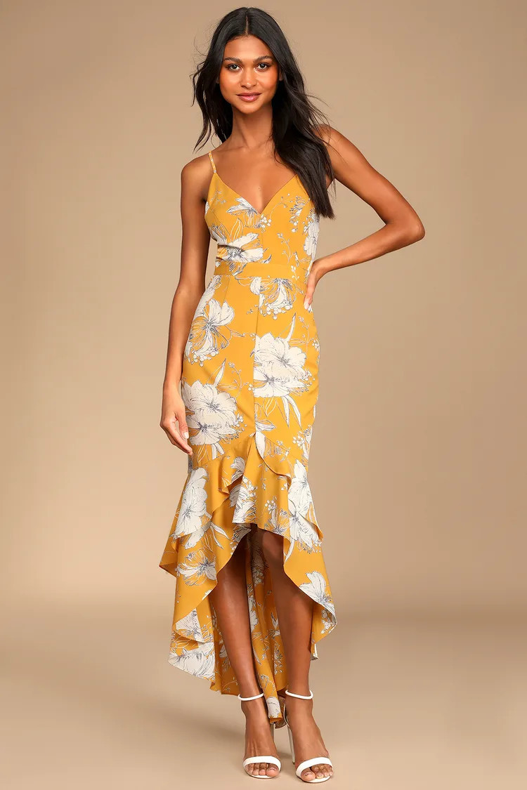 Darling Daylily Mustard Yellow Floral Print High-Low Maxi Dress | Lulus (US)