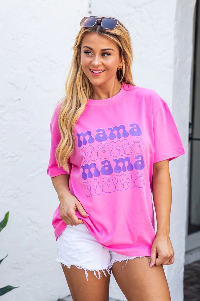 Mama Repeat Heart Hot Pink Oversized Graphic Tee | Pink Lily