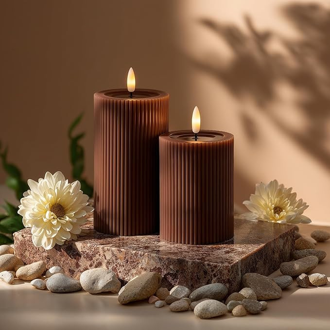 WYZworks Fluted Ribbed LED Pillar Candles, Brown, with Realistic Reflective Melted-Wax Effect –... | Amazon (US)
