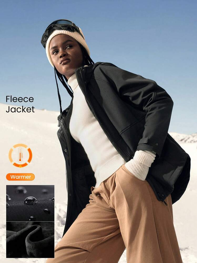 GLOWMODE Fleece Relaxed Fit Adjustable Drawstring Waist Hood Shirt-Style Jacket Daily Casual | SHEIN