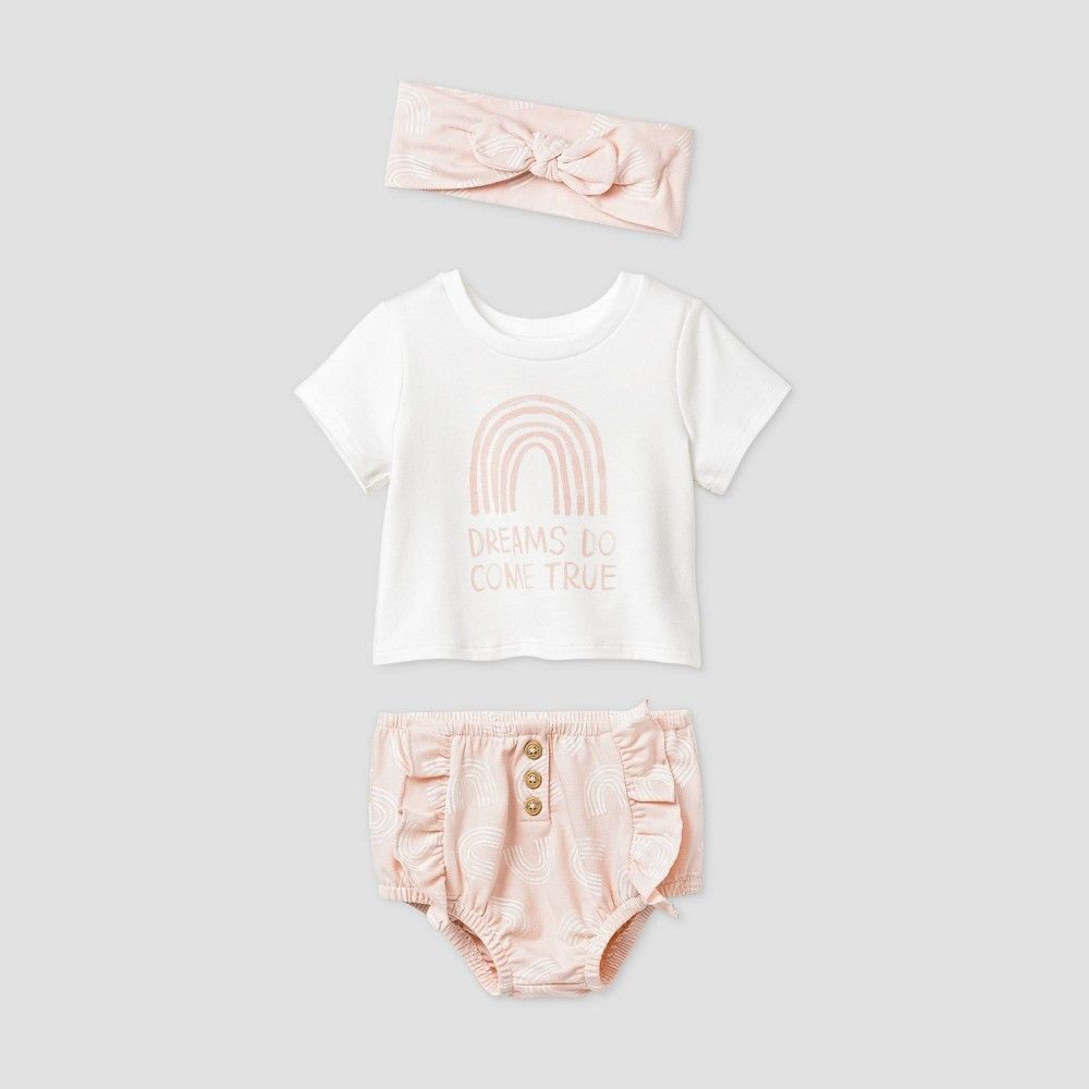 Baby Girls' Knit 'Dreams Do Come True' Top & Bottom Set with Headband - Cat & Jack Cream/Peach 12M,  | Target